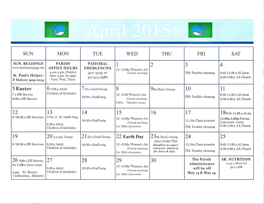 Monthly Church Calendar (At a Glance) St Paul s Episcopal Church Cambria